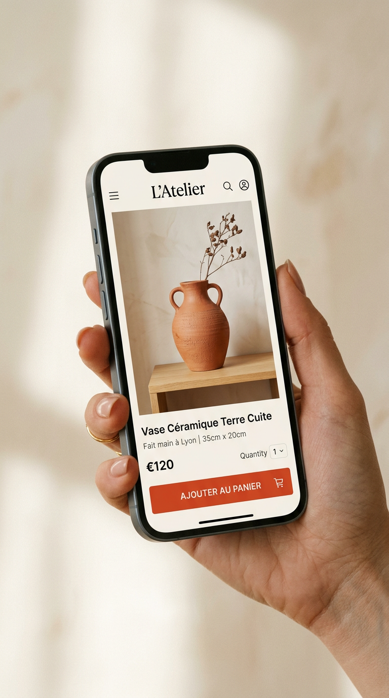 Smartphone affichant une boutique en ligne de céramique réalisée par Tuniboost